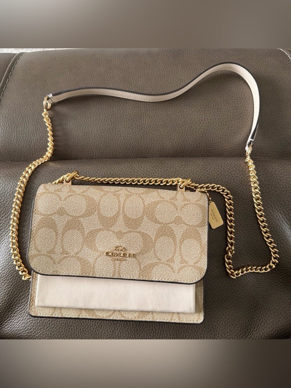 Coach Beige Signature Canvas and Cream Leather Crossbody with Gold Chain